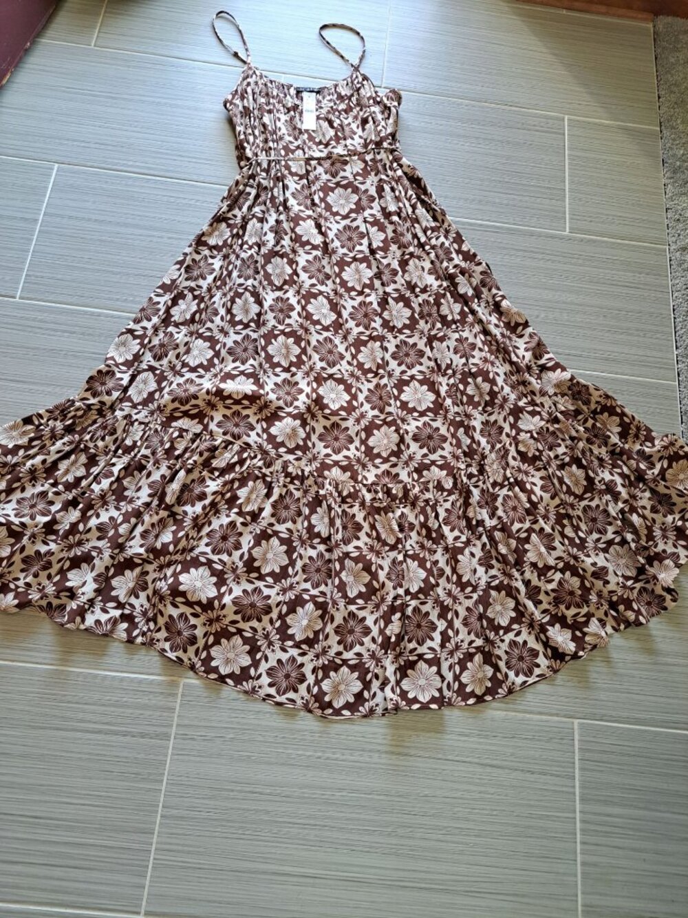 New J.Crew Womens Caspia Floral Crepe Maxi Dress  Brown/White L Sleeveless - Picture 9 of 15